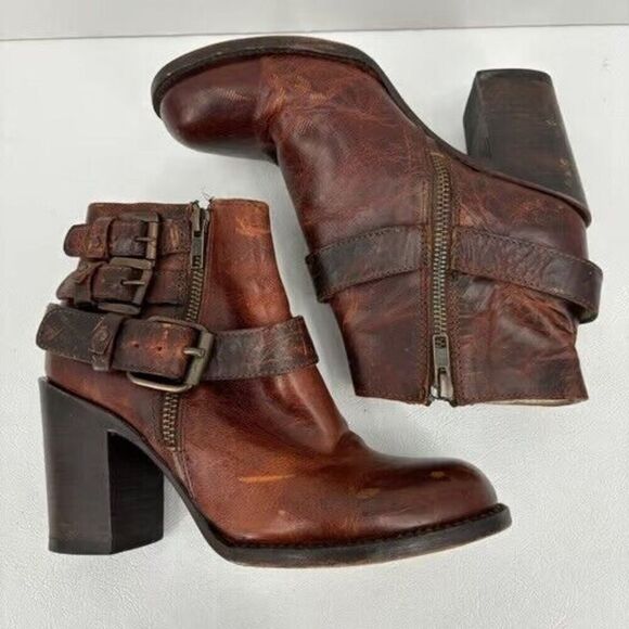Freebird FB-BOLO Womens Leather Boots 7 Brown Ankle Zip Adjustable Buckle Strap - Picture 1 of 13